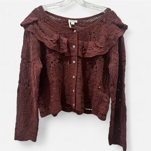 NEW🤎Ruffle Crochet Cardigan Sweater in Burgundy Brown🤎Size Large